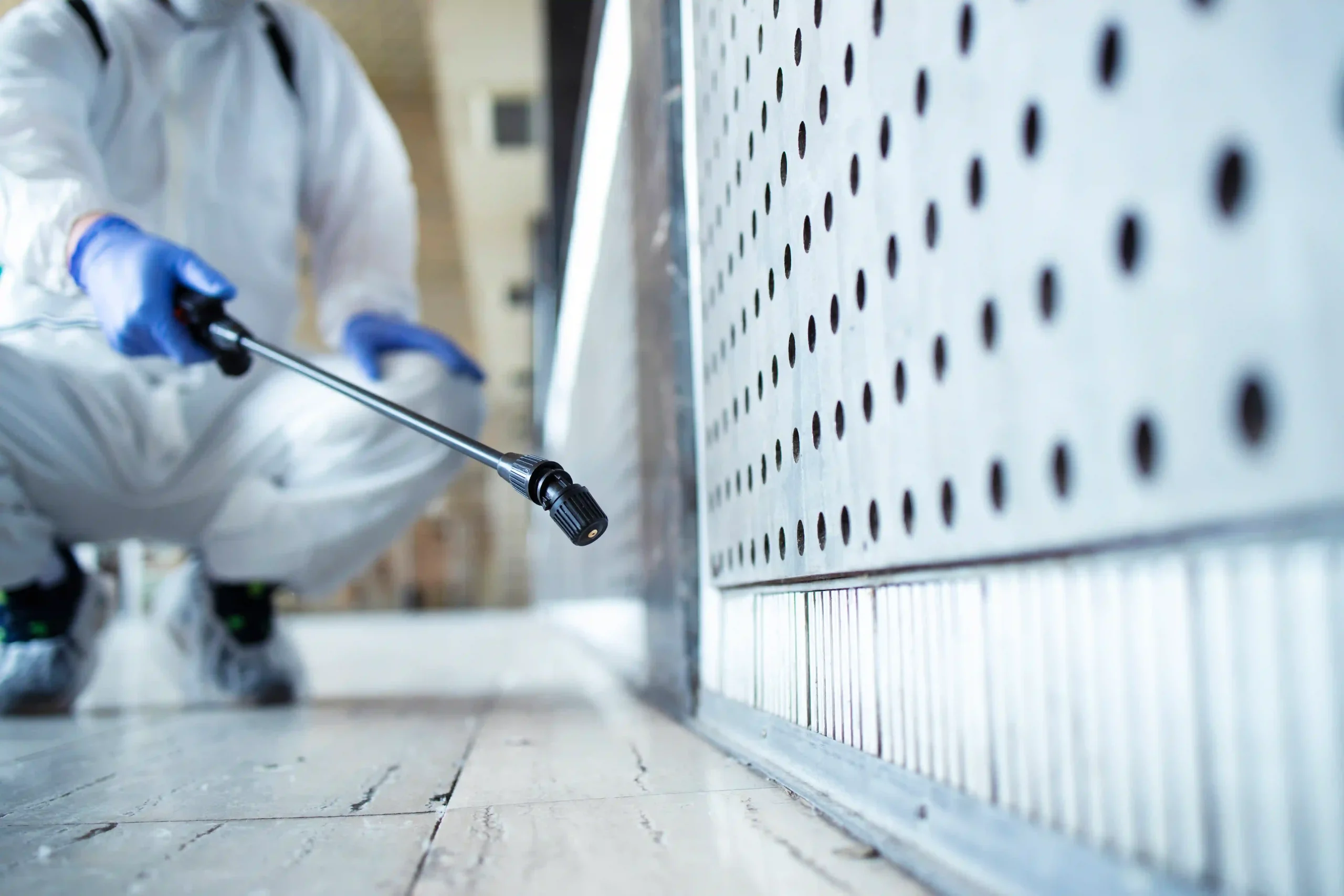 Professional technician performing pest control services in UAE by Good Life Pest Control UAE, spraying treatment along wall edges to eliminate insects.
